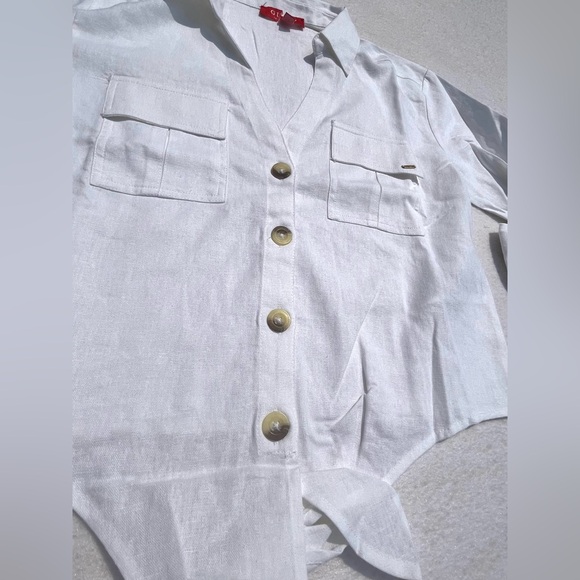 Guess White Linen Harper Tie Front Top Shirt Peasant Size Small Y2K NEW - Picture 2 of 10